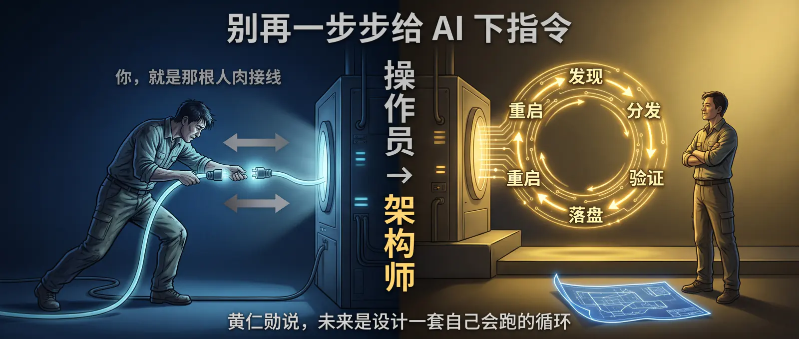 你那套 AI 循环，八成两头还开着——任务你喂、重启你按；黄仁勋说的未来，是把这两头也闭上