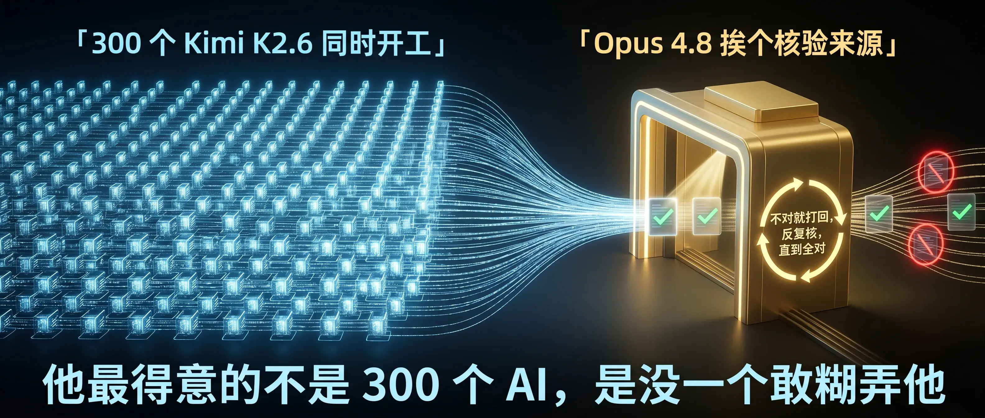300 个 AI 同时开工，一个 Opus 挨个核验来源