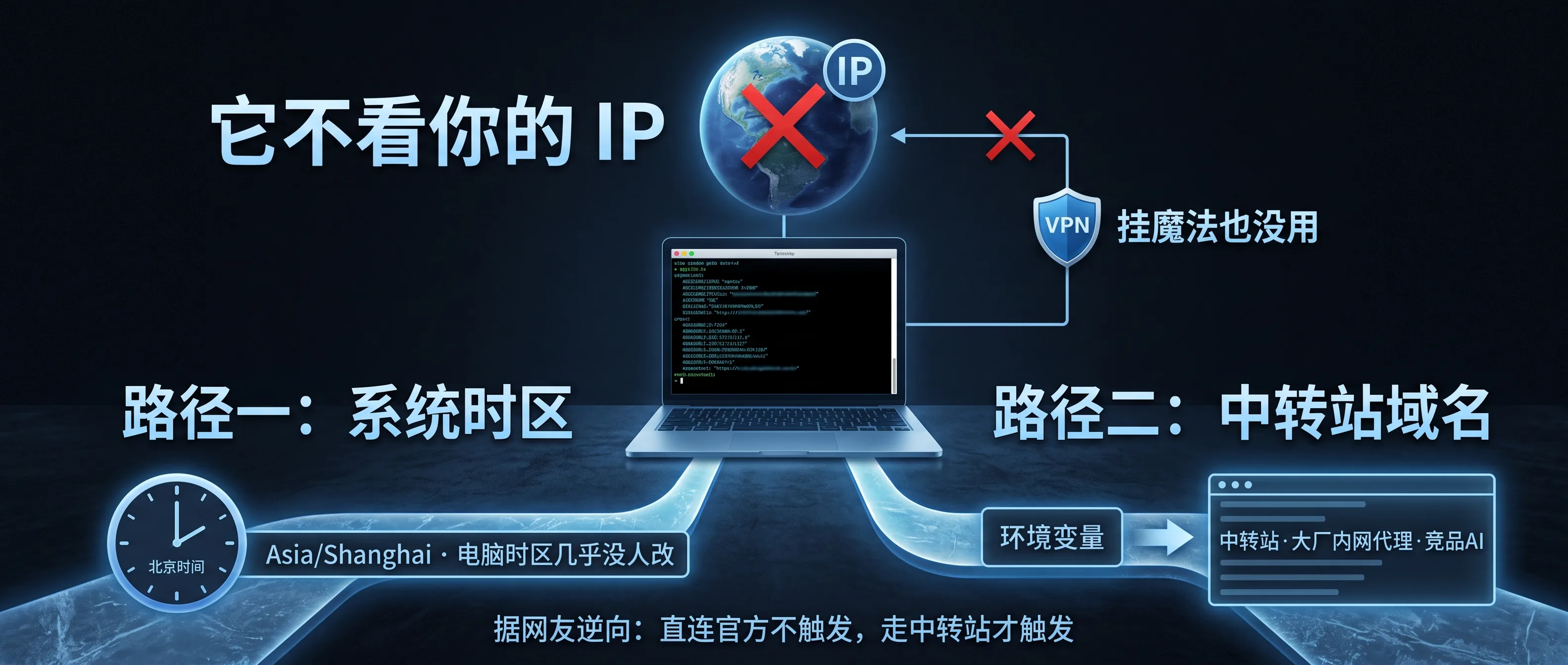 它不看 IP，看你本地的时区和中转站域名