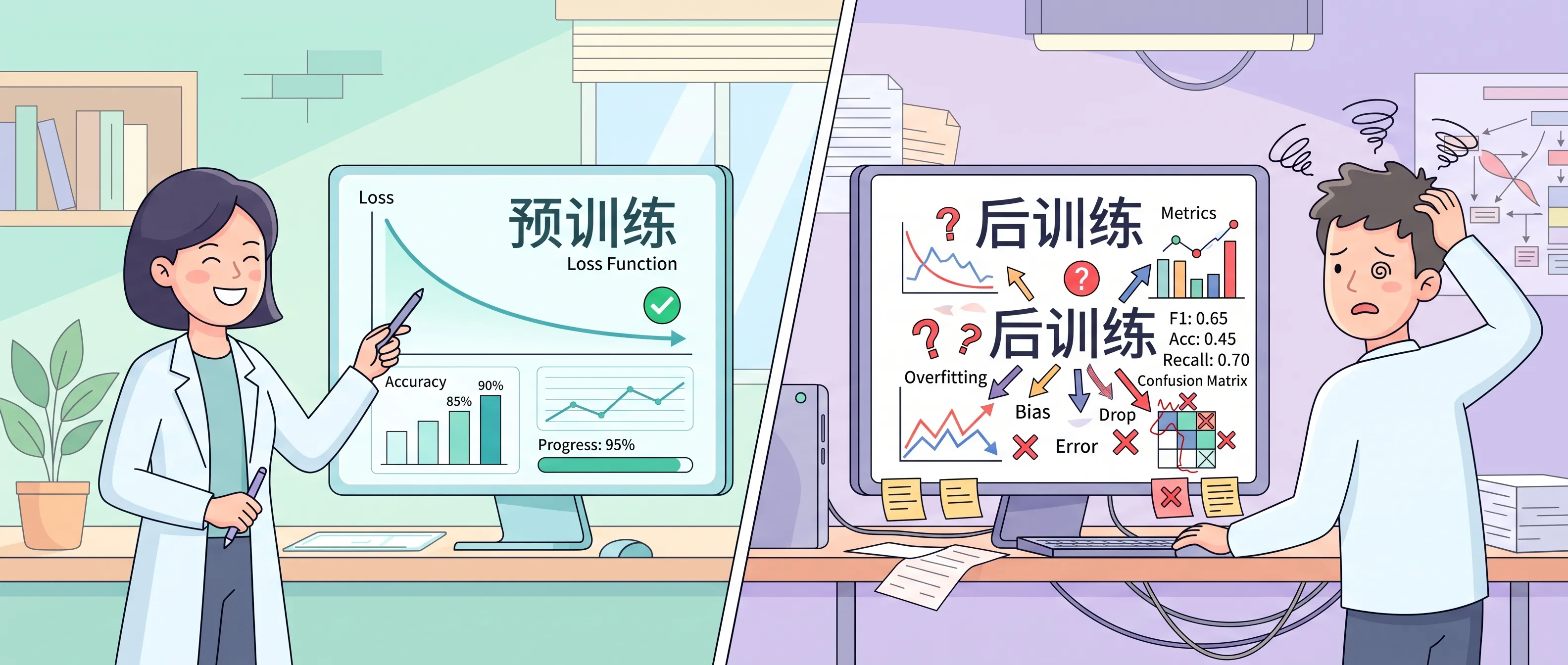 Pre-training 靶心清晰 vs Post-training 雾中找路