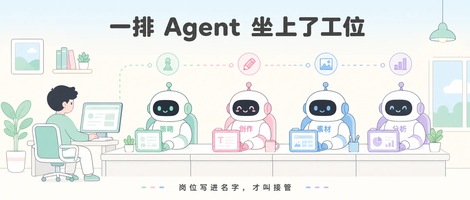 一排 Agent 坐上了工位