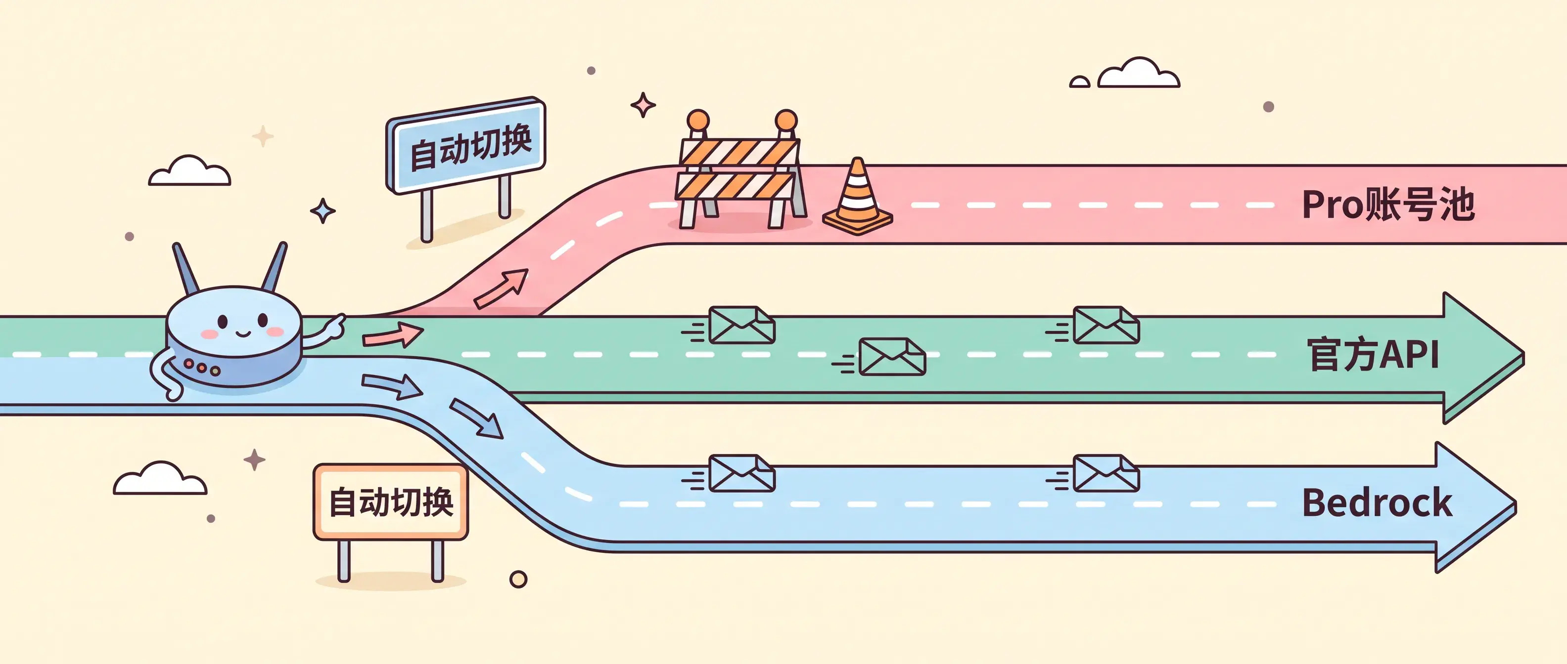 解法：多渠道路由，Pro 做日常，API/Bedrock 兜底