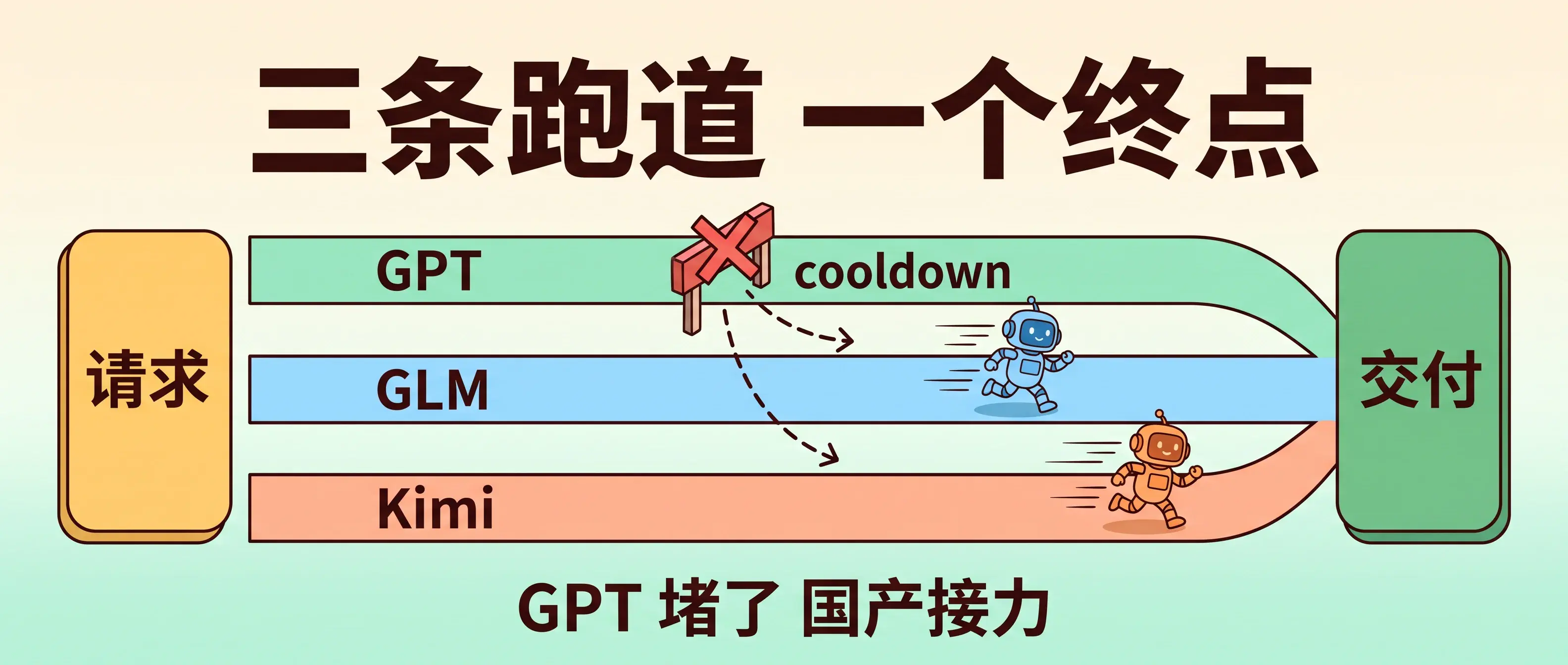 三条跑道一个终点——GPT 堵了,GLM 和 Kimi 接力