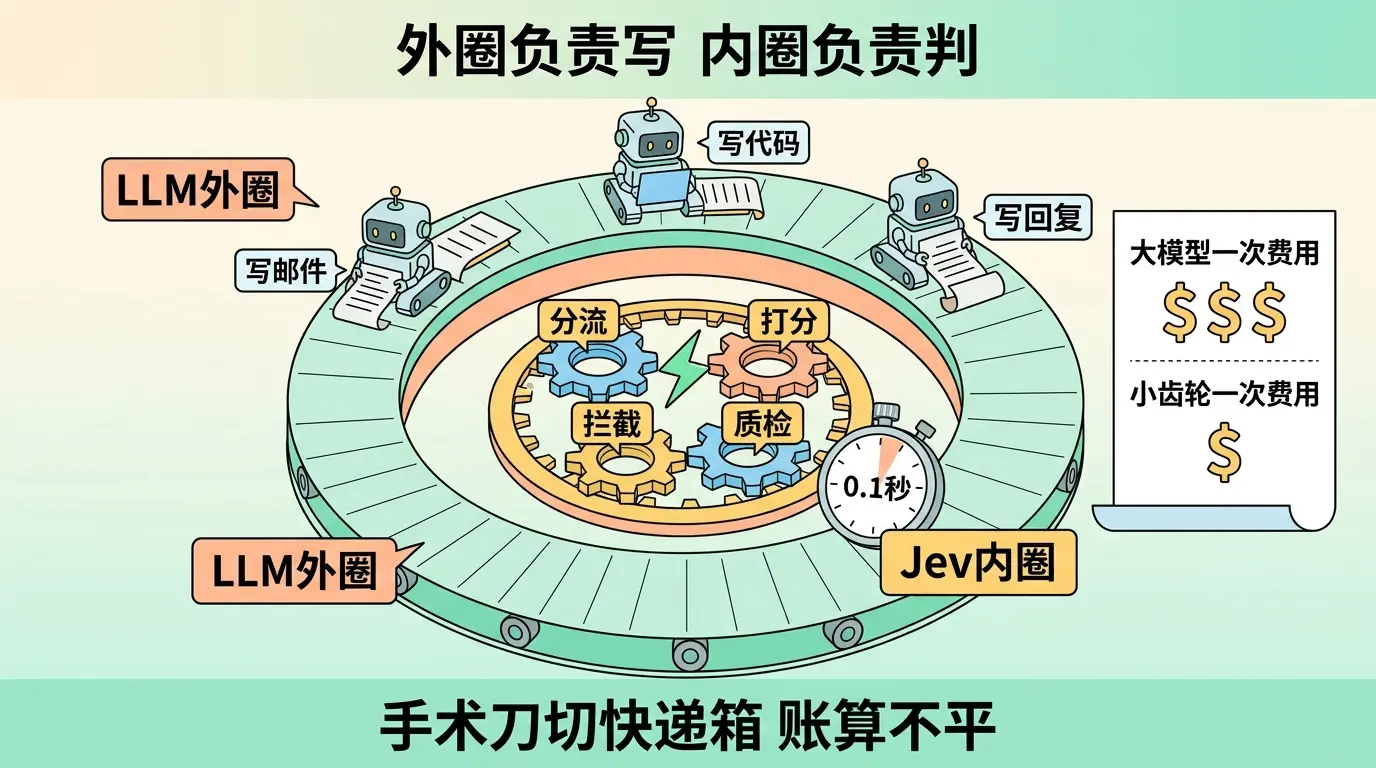 外圈 LLM 写字，内圈 Jev 拍板——一天几万次的判断不该走大模型