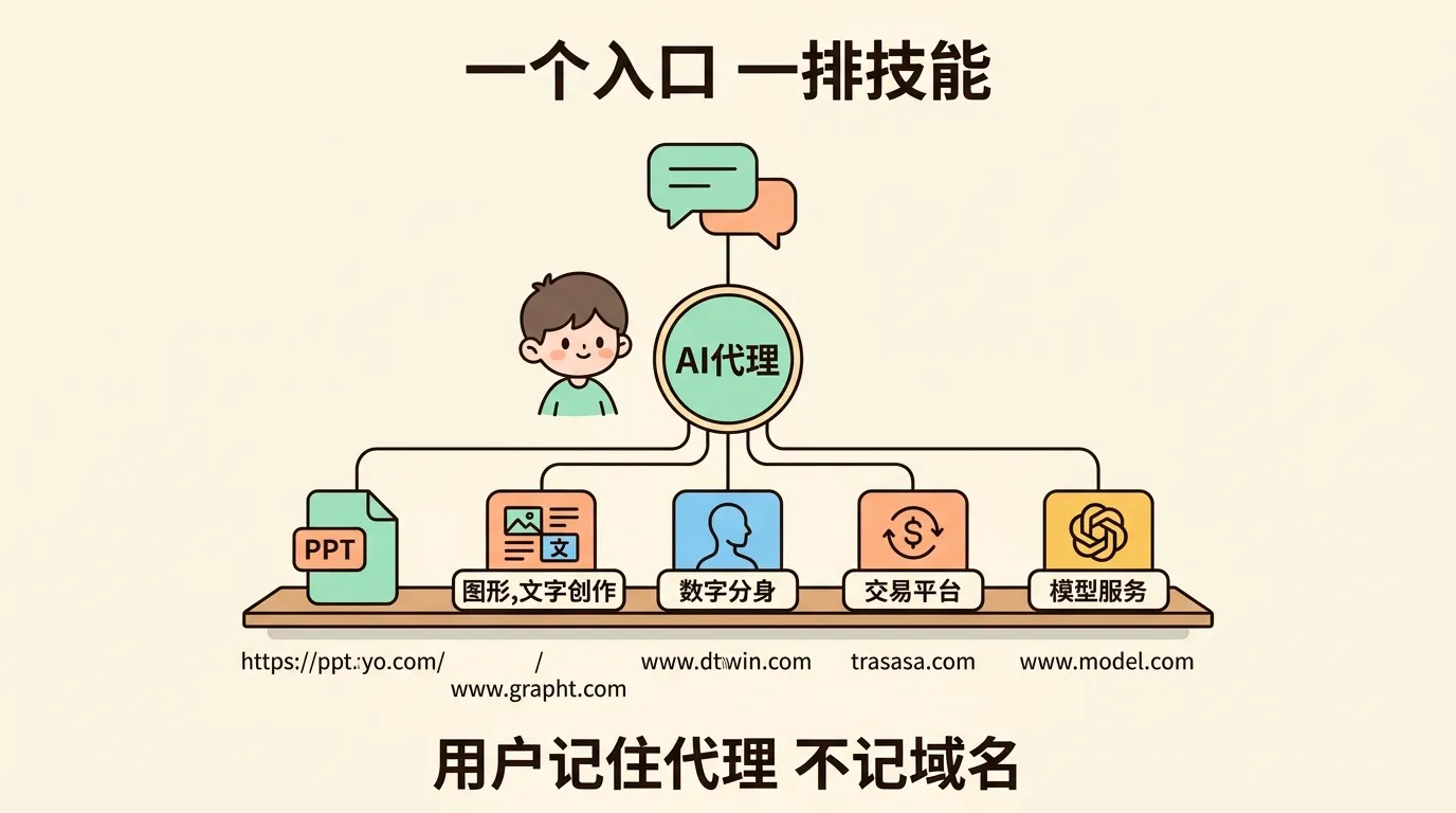 一个入口,一排技能——用户记住代理,不记域名