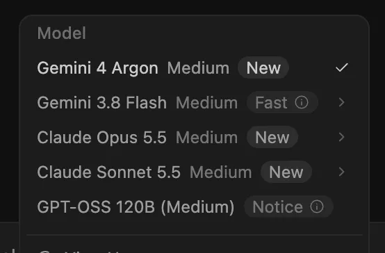 Antigravity 模型菜单已上线 Gemini 4 Argon