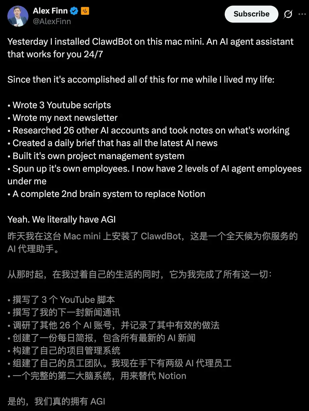 AlexFinn的推文：Clawdbot帮他完成了大量工作