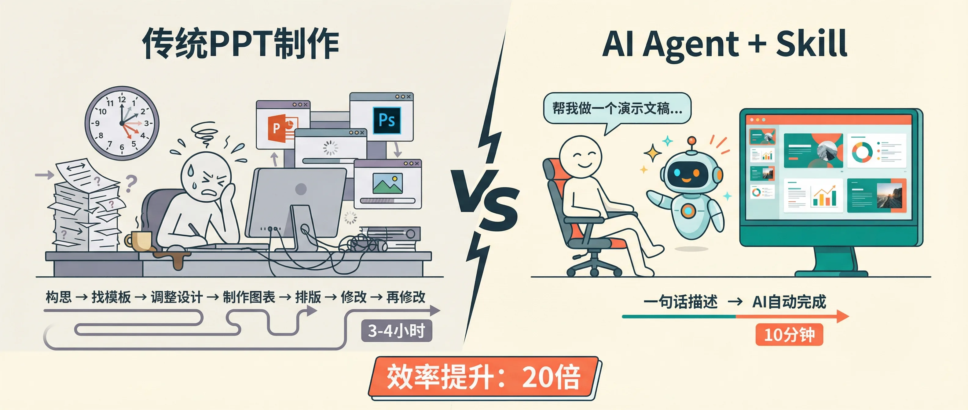 传统PPT制作 vs AI Agent + Skill