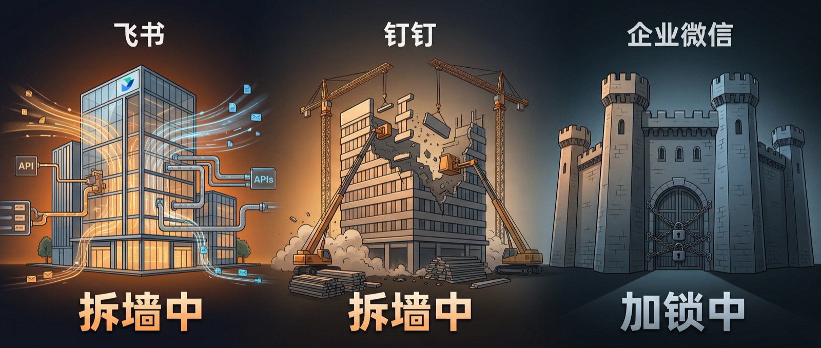 企业微信 vs 钉钉飞书：围墙与拆墙的路线分歧