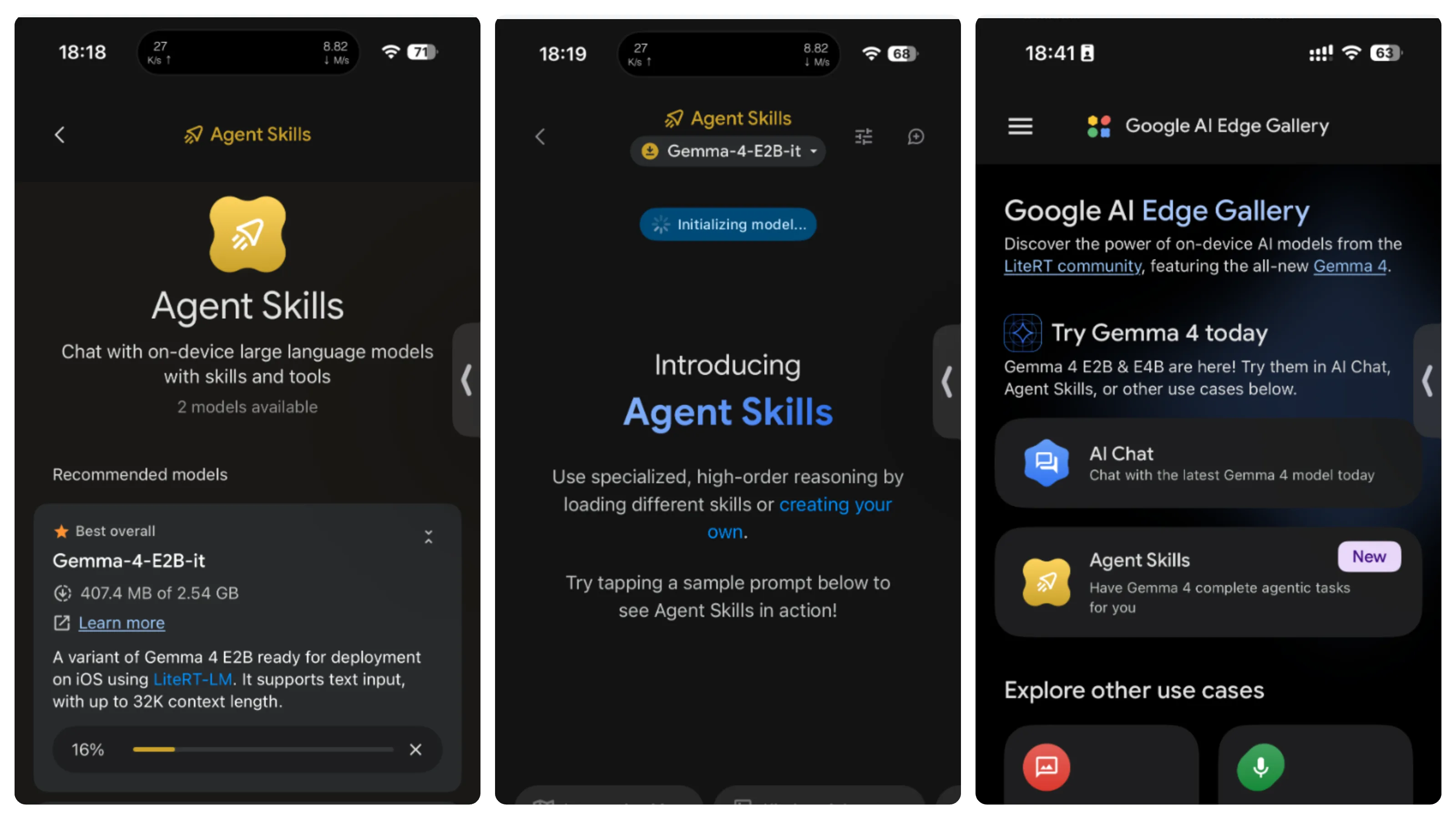 实际操作截图:Google AI Edge Gallery 界面、Agent Skills 模型选择与初始化