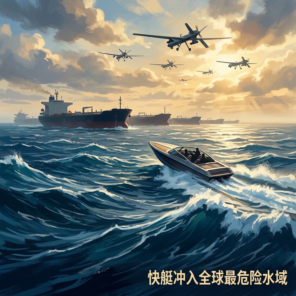 快艇冲入全球最危险水域:无人机和巡逻艇的注视下