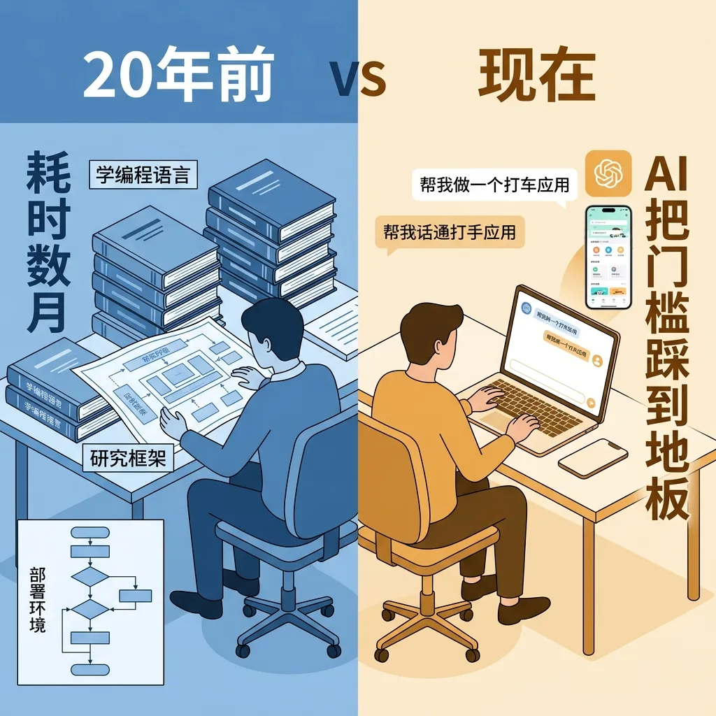 创造门槛对比：20年前 vs 现在，AI将门槛踩到地板