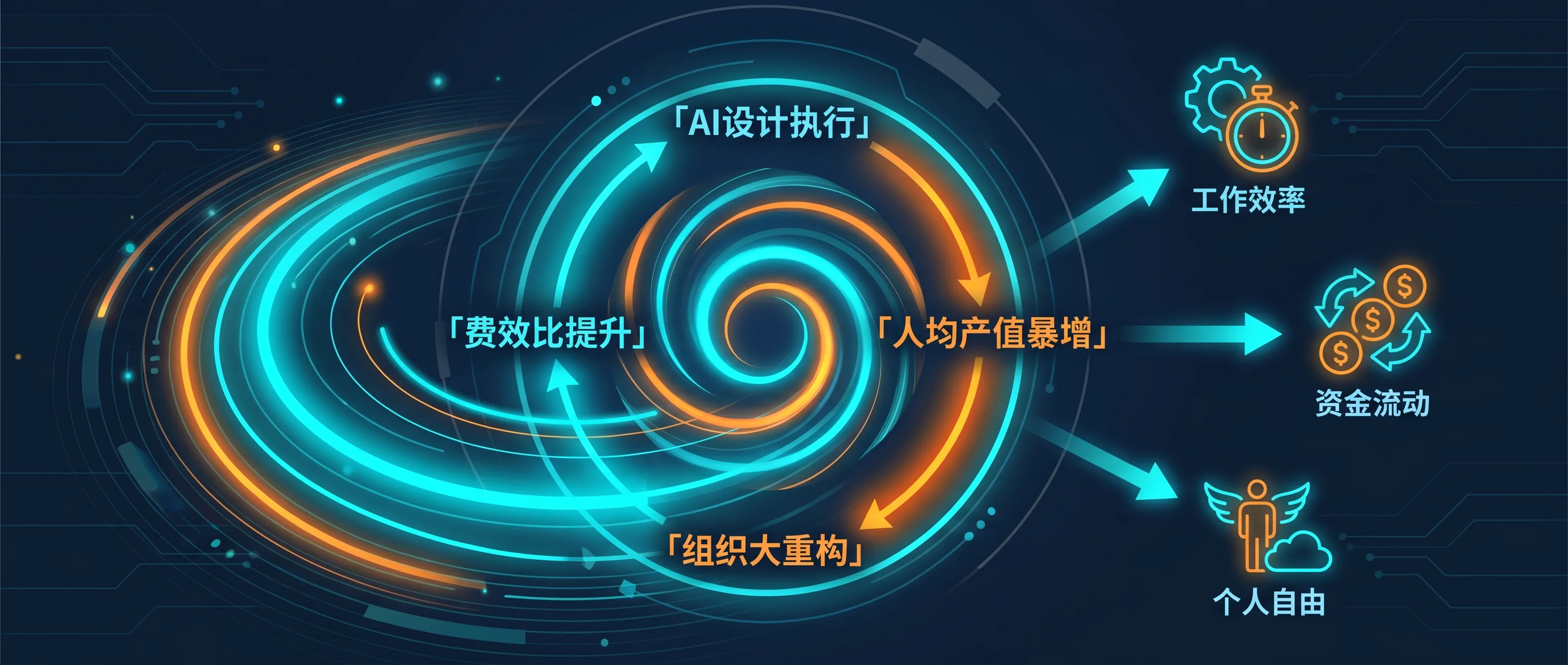 生产关系飞轮：AI执行→费效比提升→人均产值暴增→组织重构的正向循环