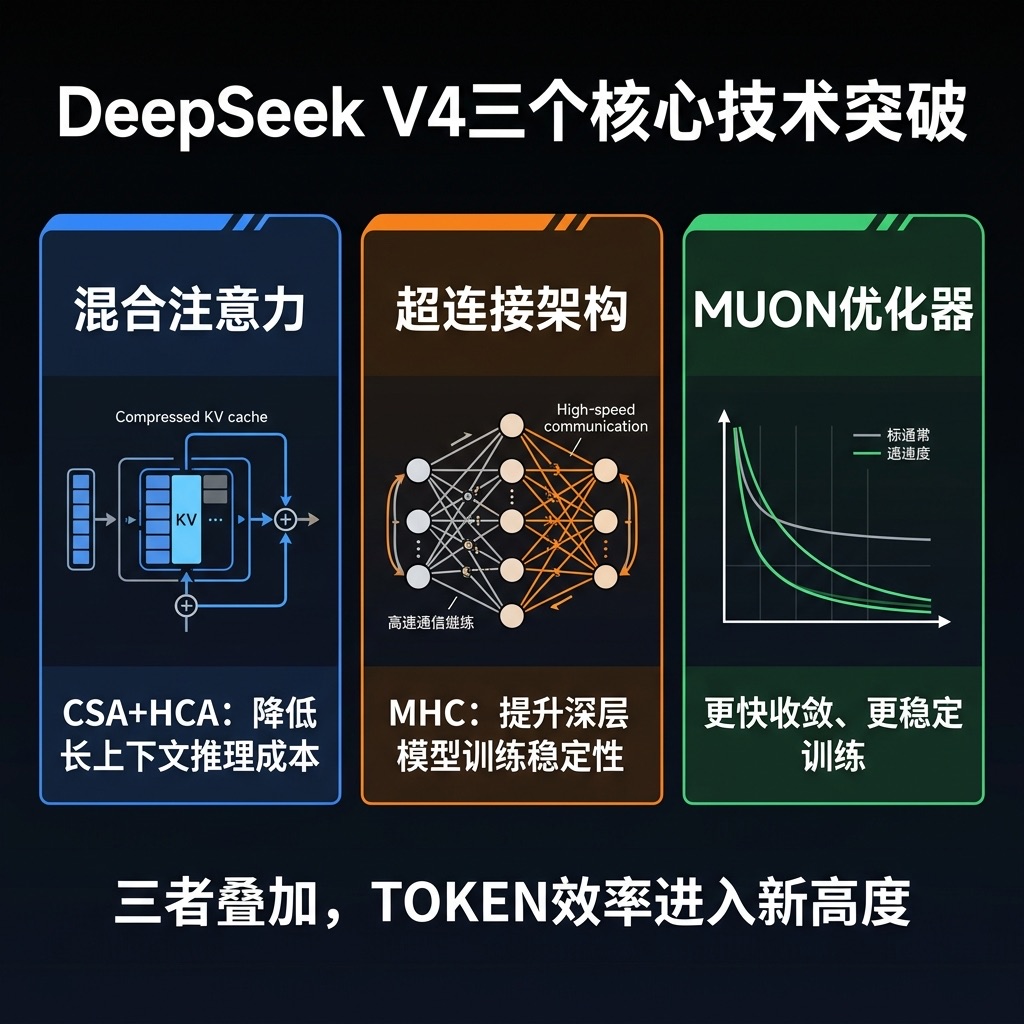 DeepSeek V4 三大核心技术突破：混合注意力 + MHC 超连接架构 + MUON 优化器