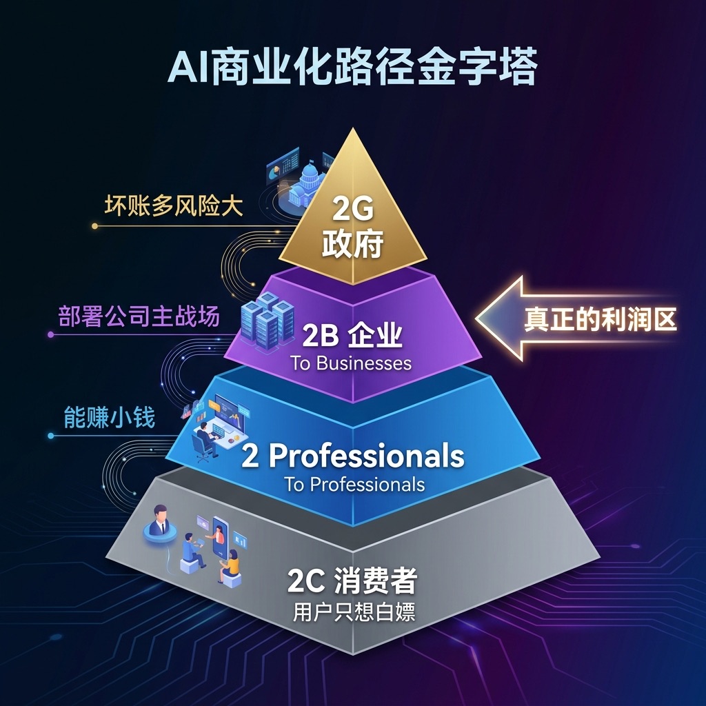 AI商业化路径金字塔：2C、2Pro、2B、2G