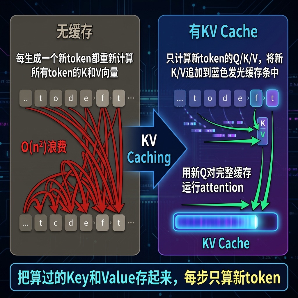 KV Cache 缓存机制对比：无缓存 vs 有缓存