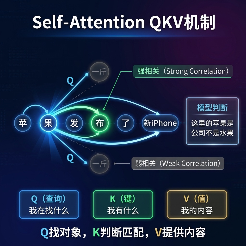 Self-Attention QKV 机制：Q 找对象，K 判断匹配，V 提供内容