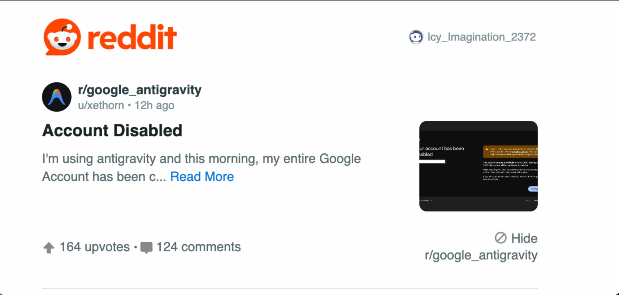 Reddit 上 r/google_antigravity 的帖子——使用 AI Agent 后 Google 账号被封，引发大量共鸣