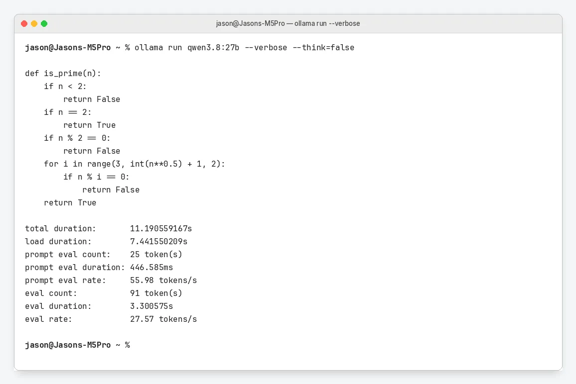 官方标签 verbose：解码 27.57 tok/s